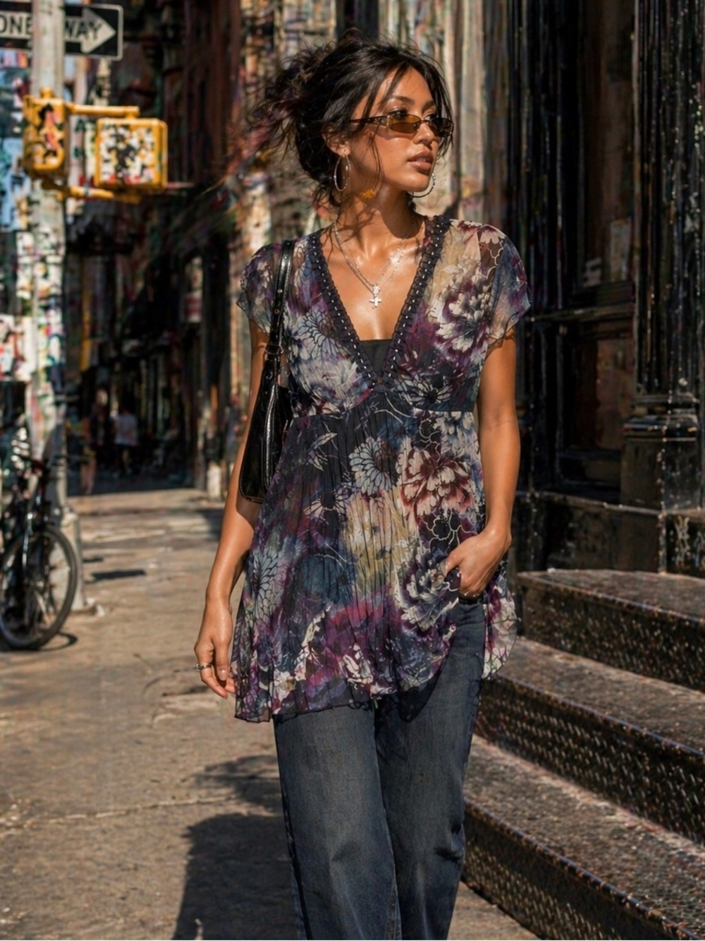 Crisca Escada Y2K Sheer Floral Tunic Dress Purple Blue Size L Boho Layered Top